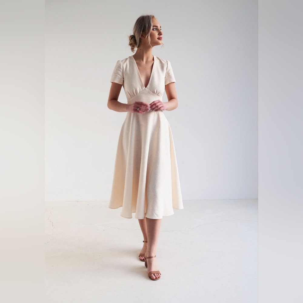 Linen Handmade Studio Natural Linen Midi Dress 6 NWT